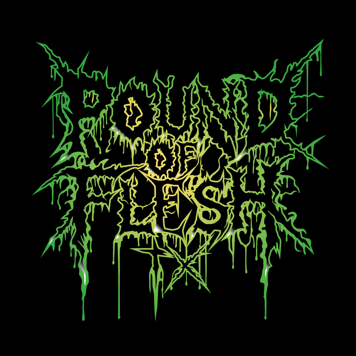New Pound Of FLesh TX Logo. Black letters outlined in neon green and yellow.
